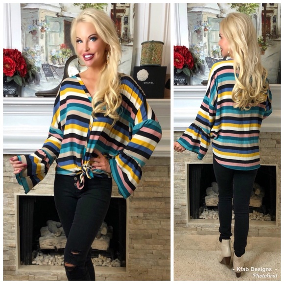 LAST 1! ❤️Multi Stripe Bell Sleeve Top! - Picture 4 of 7